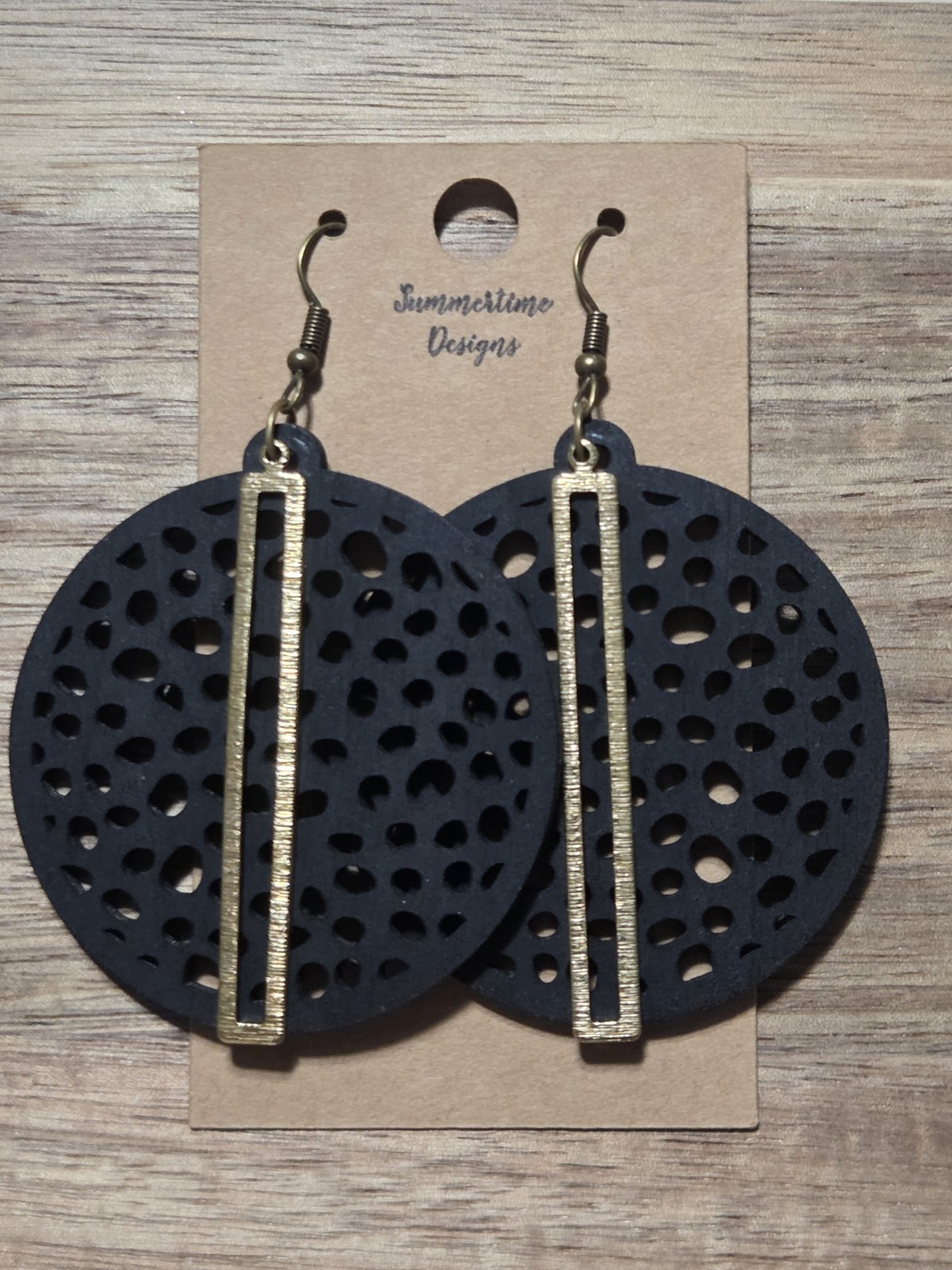 Hand Painted Laser Cut Wood Earrings Black Circle W Gold Adornment 2.5″