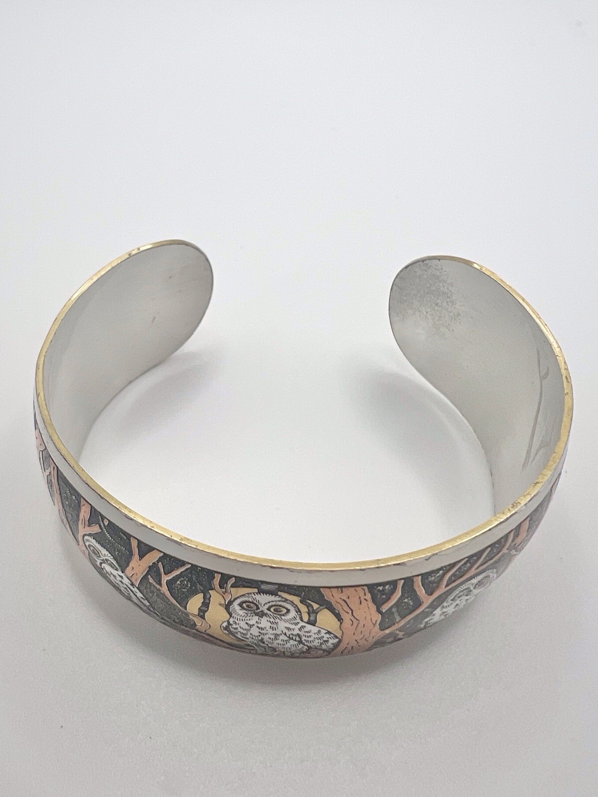 Vintage OWL Spooky REED & BARTON Damascene Cuff Bracelet Dangle Earrings Set