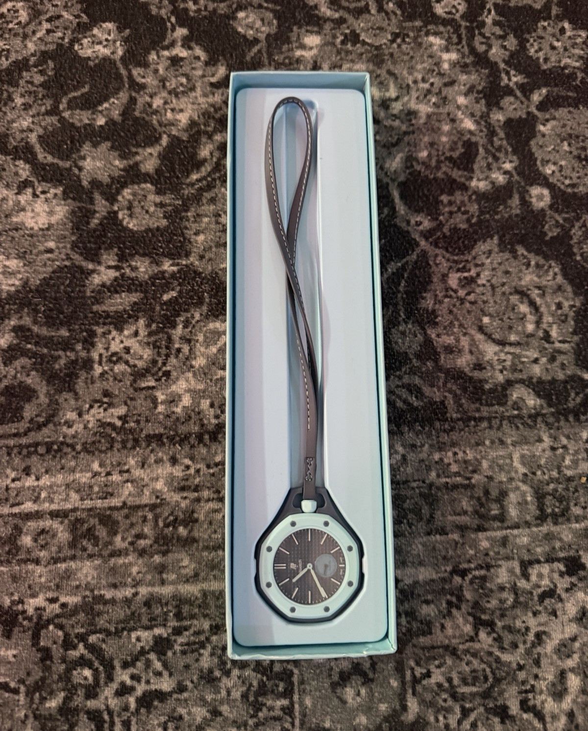 Analog Wristwatch Black Dial White Octagon Case Gray Leather Strap w/ Box