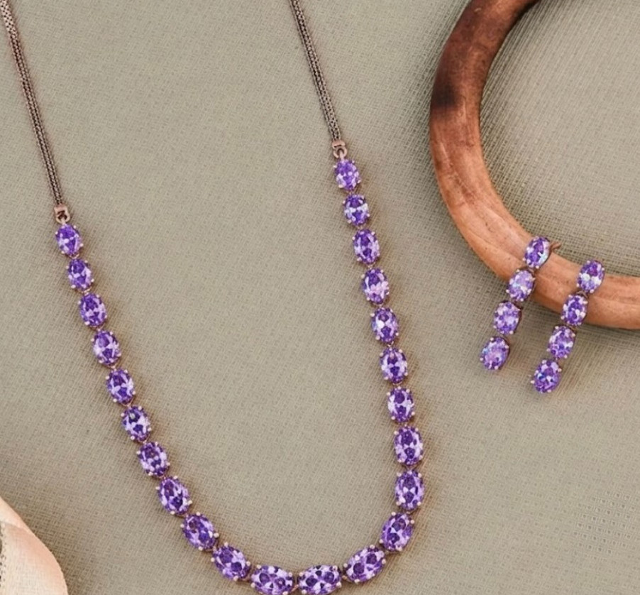 925 Silver, Purple Diamond Necklace & Earrings Set, Rare 31 Ct Certified Treated