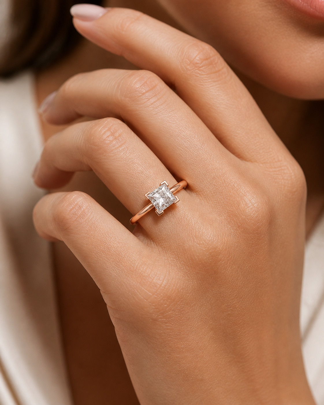 1.00Ct Princess Cut Moissanite Ring Women Half Bezel 925 Silver 10K