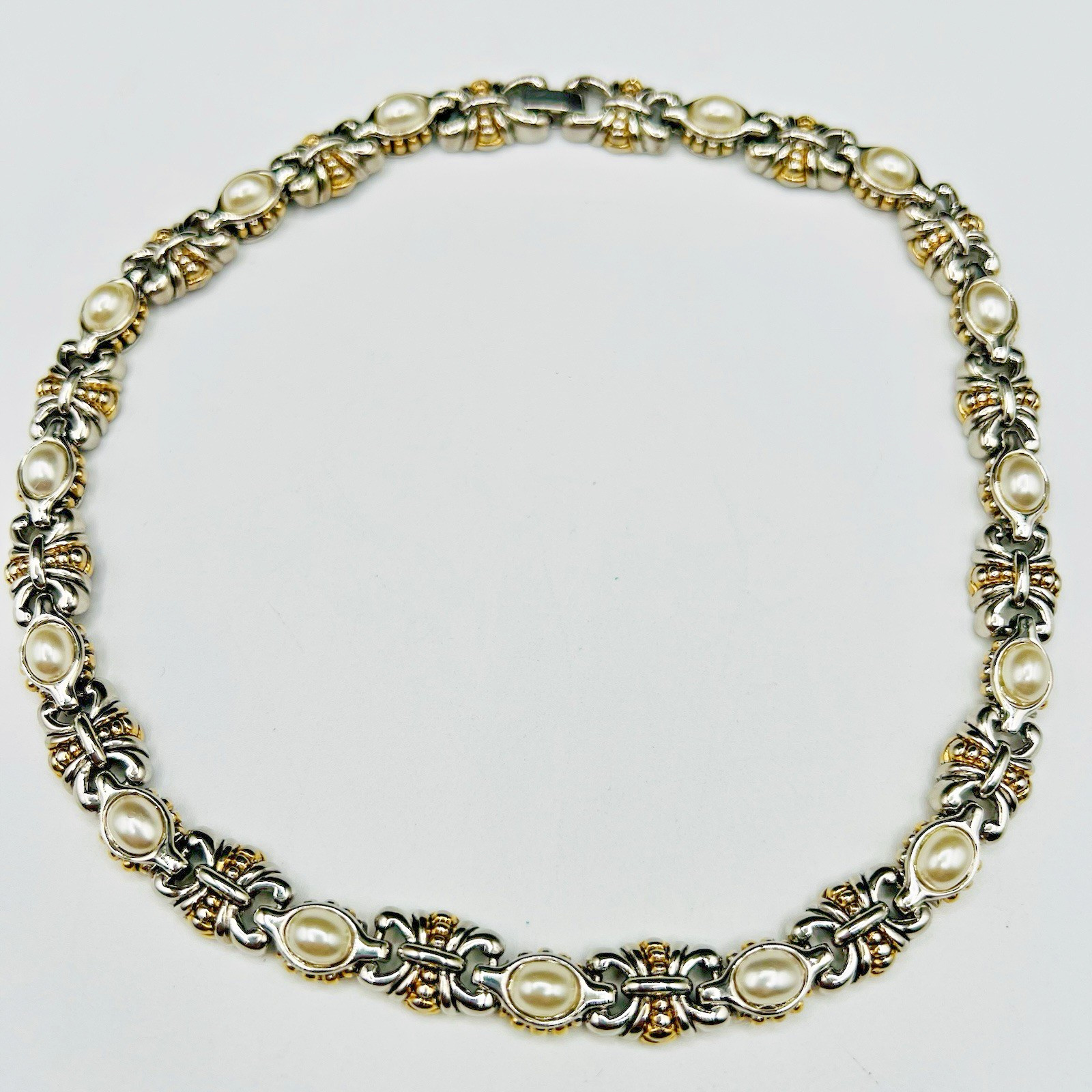 Mixed Metal Faux Pearl Choker Necklace Classic Link Vintage Style Statement Prom