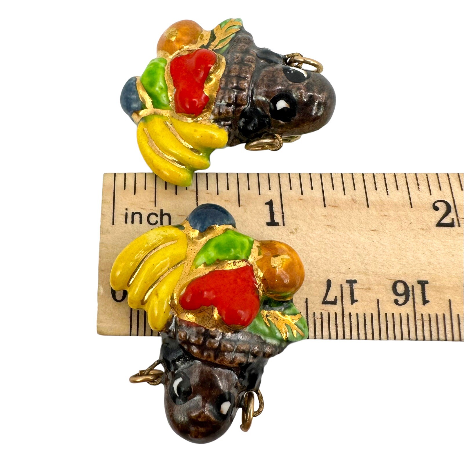 Vtg Ceramic Enamel Carmen Miranda Fruit Headdress Lady Head Clip Earrings