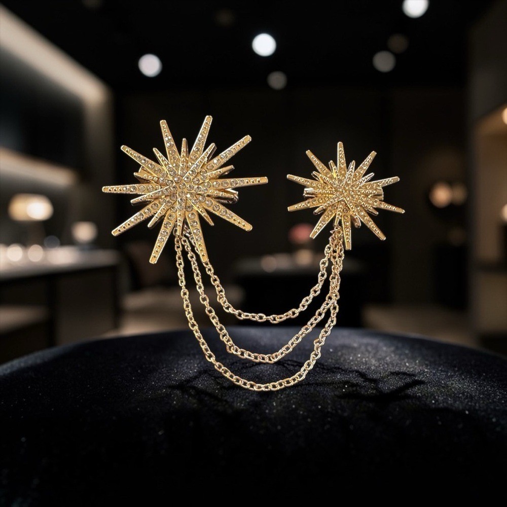Gold Starburst Double Brooch Pin Set w/ Chain Draped Rhinestone Celestial