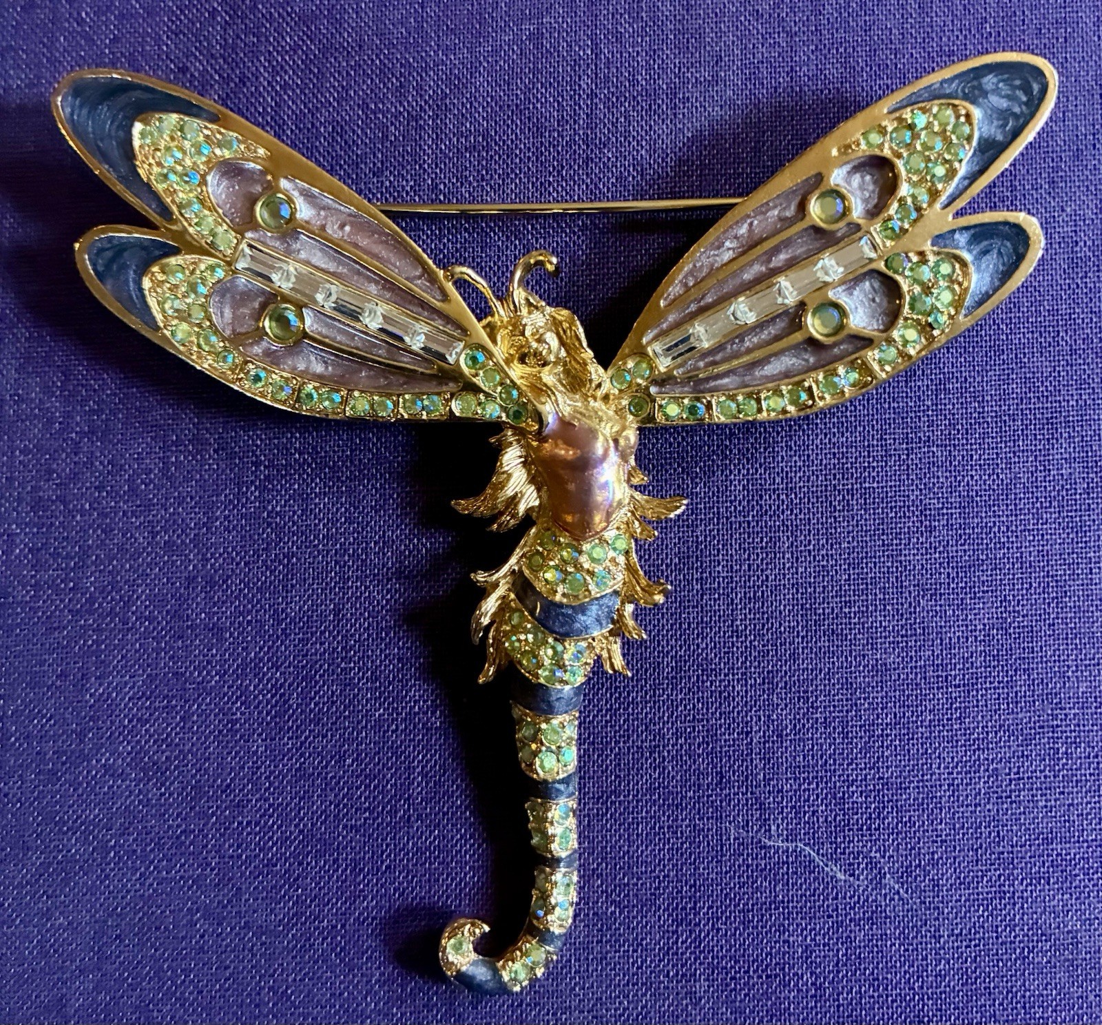 Kirks Folly Signed Dragonfly Brooch Pin Gold Tone Enamel Rhinestones 4in