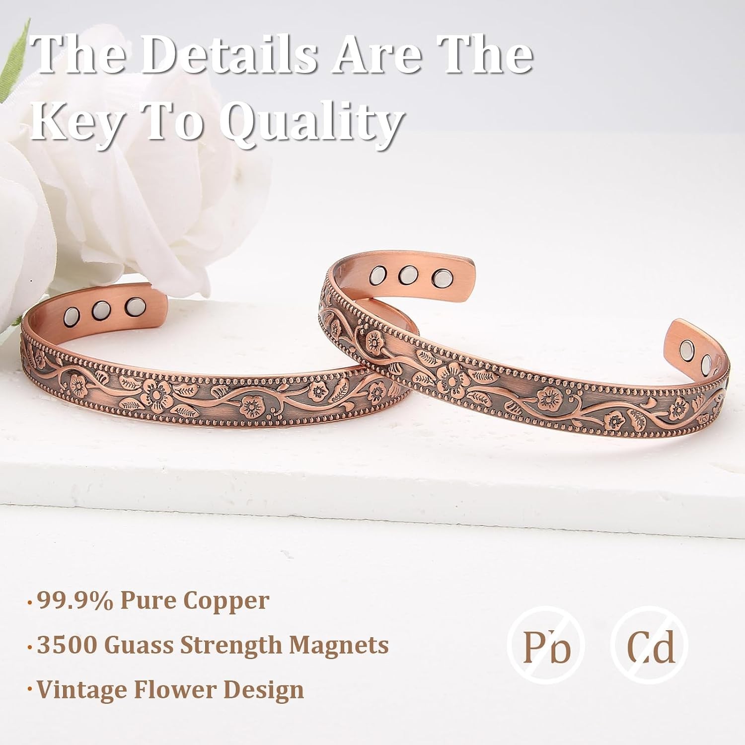 Elegant 99.9% Pure Copper Magnetic Bracelet with Vintage Flower Design
