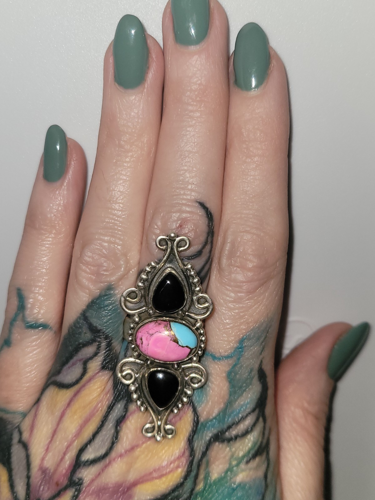 Cotton Candy Turquoise Black Onyx SS 925 Adjustable Southwestern Ring – handmade