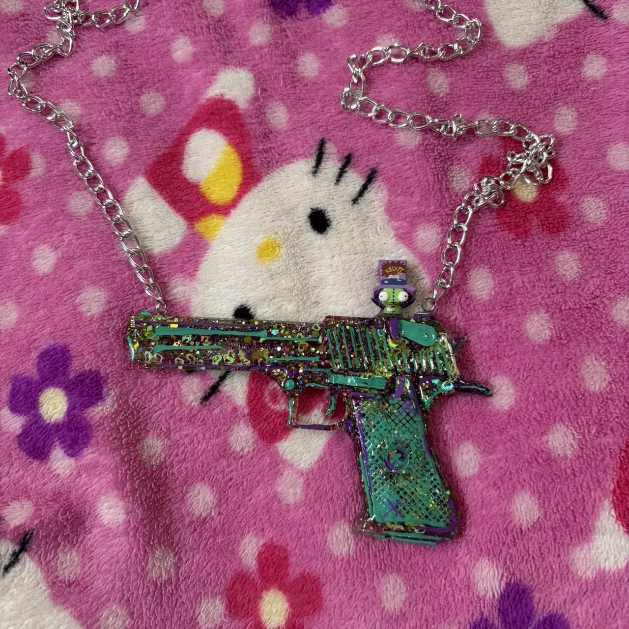Handmade glitter gun charm pendant necklace green purple with little gir charm