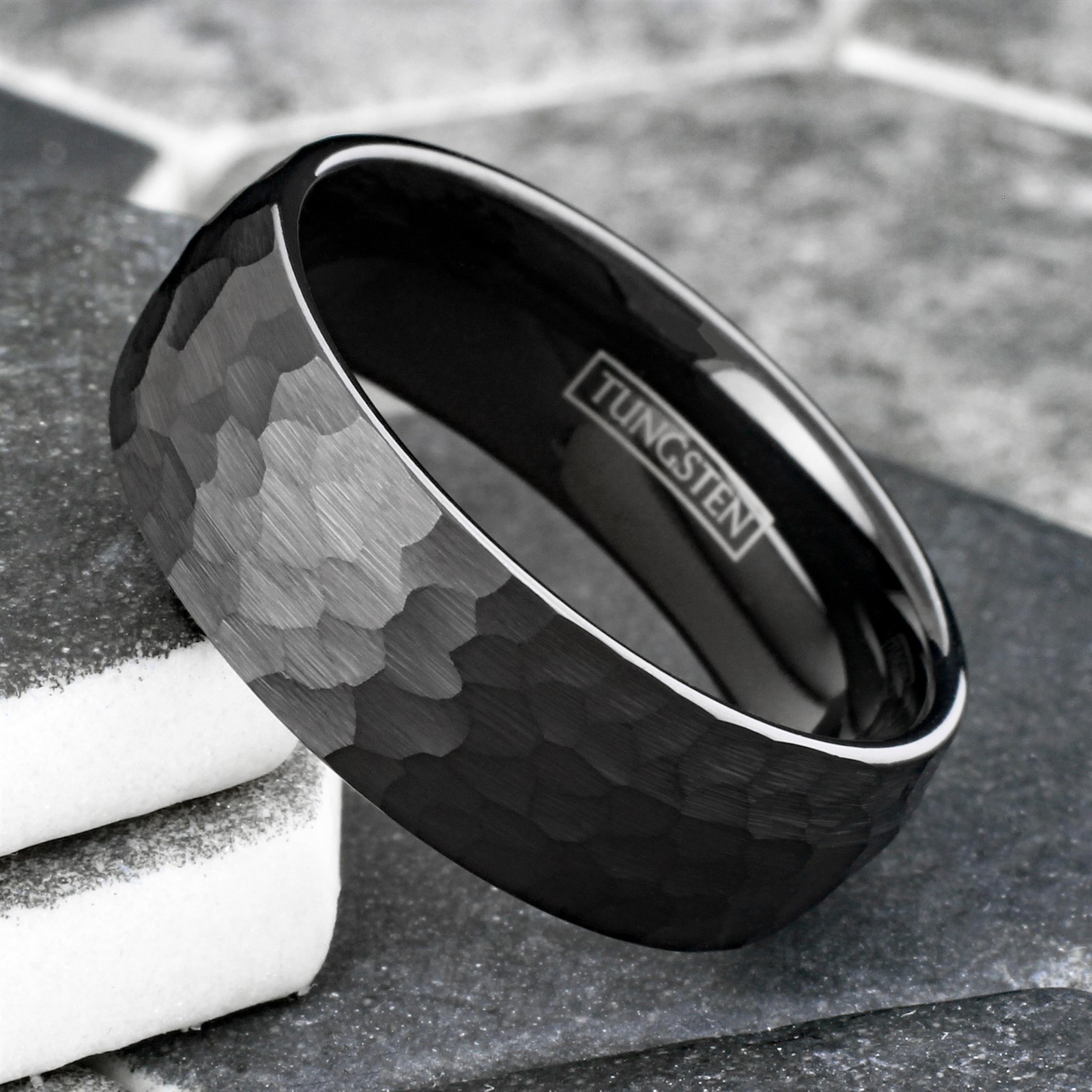 Black Tungsten Carbide Hammered Brushed Finish Men’s Wedding Band Ring
