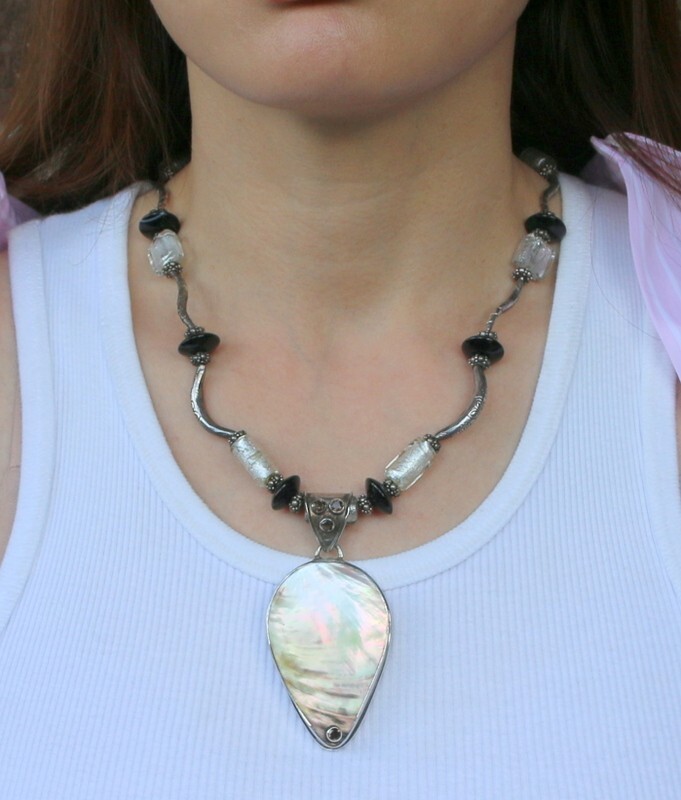 Vintage Sterling Silver 925 Mother Of Pearl Enhancer Murano Glass Necklace 93g