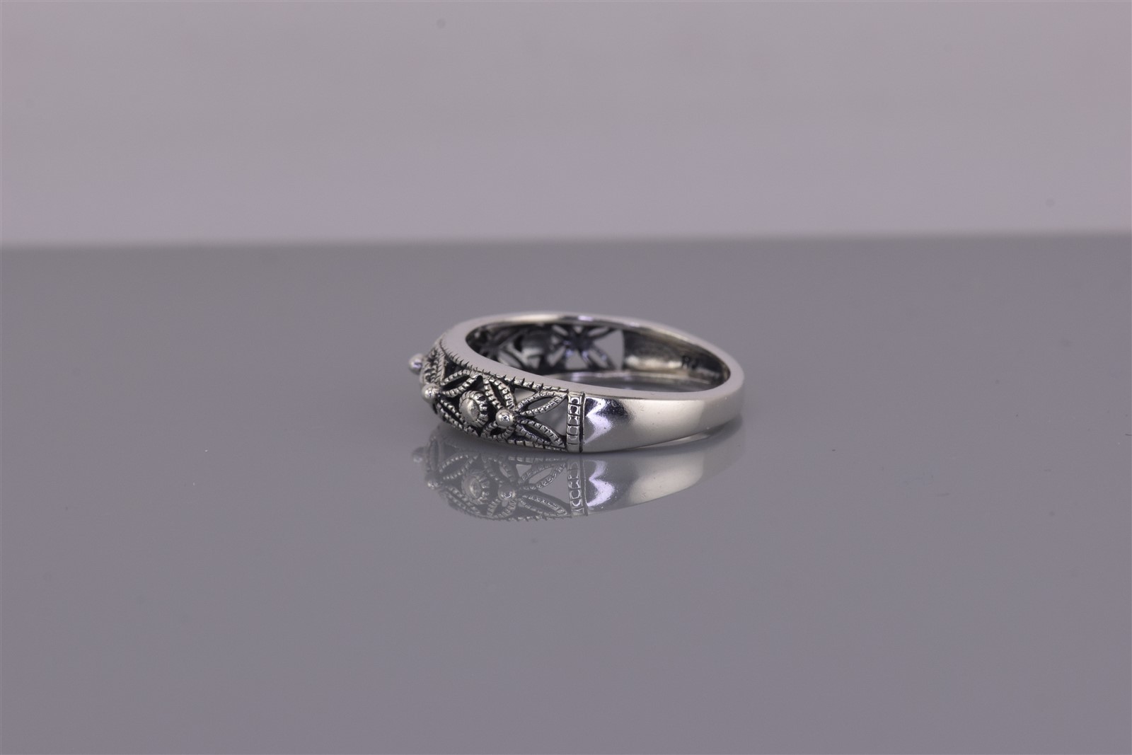 Sterling Silver 5mm Beaded Filigree Flower Openwork Band Ring 925 Sz: 7