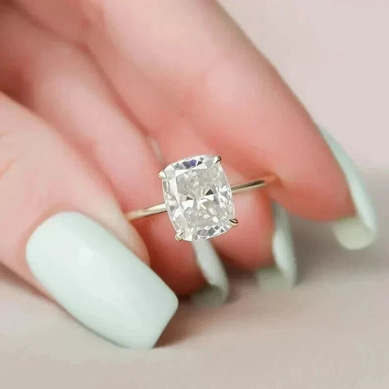 2CT Cushion-Cut VVS1 Moissanite Solitaire Engagement Ring 14K Yellow Gold Plated