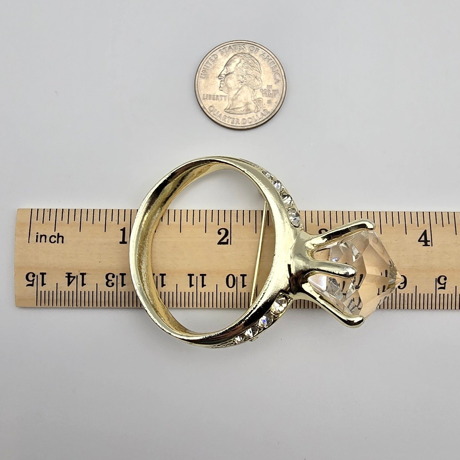Vtg AJC Sparkle Stmt Ring Brooch Gold Tone Glam Engagement Bachelorette Bling