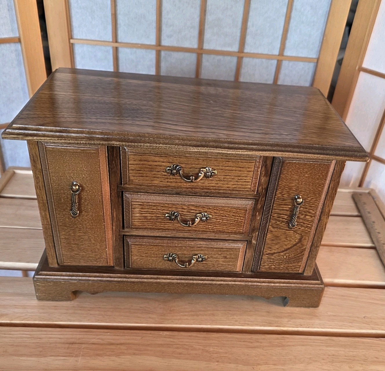 70-80s Wooden Credenza Jewelry Box Chest Armoire Side Wings Country Charm