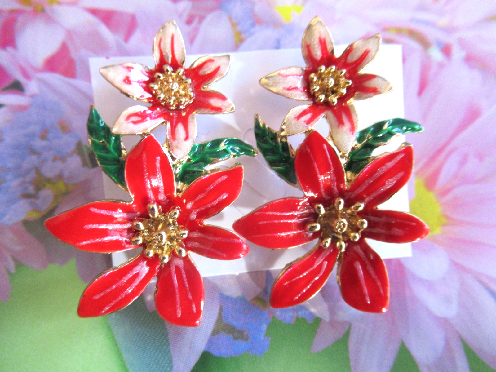Dangling Glazy MULTI COLOR Enamel FLOWERS LEAVES Pierced STUD EARRINGS-Choose