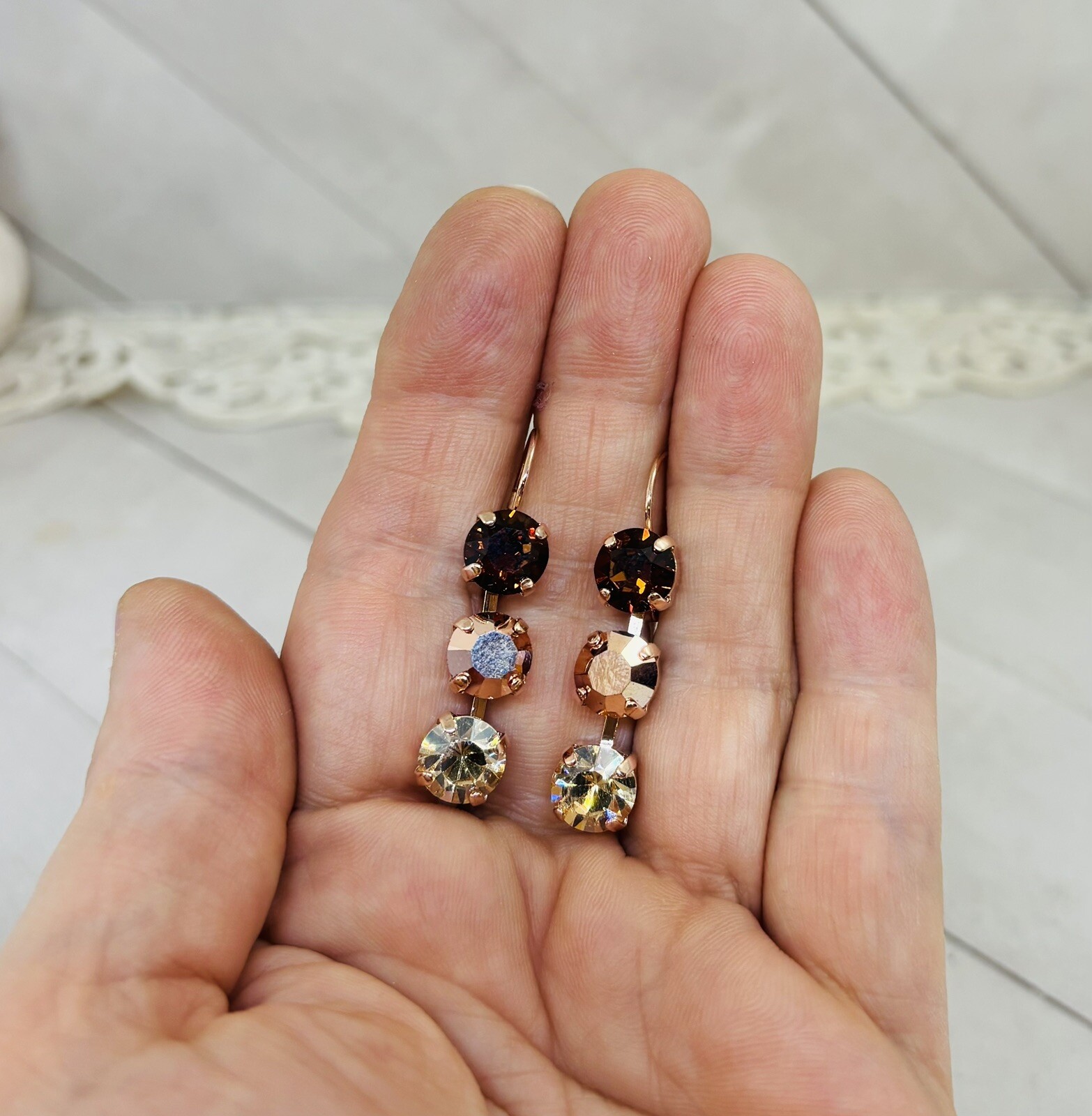 Rose Gold Plated Chocolate Brown and Rose Gold Triple Stone Cup Chain Earrings