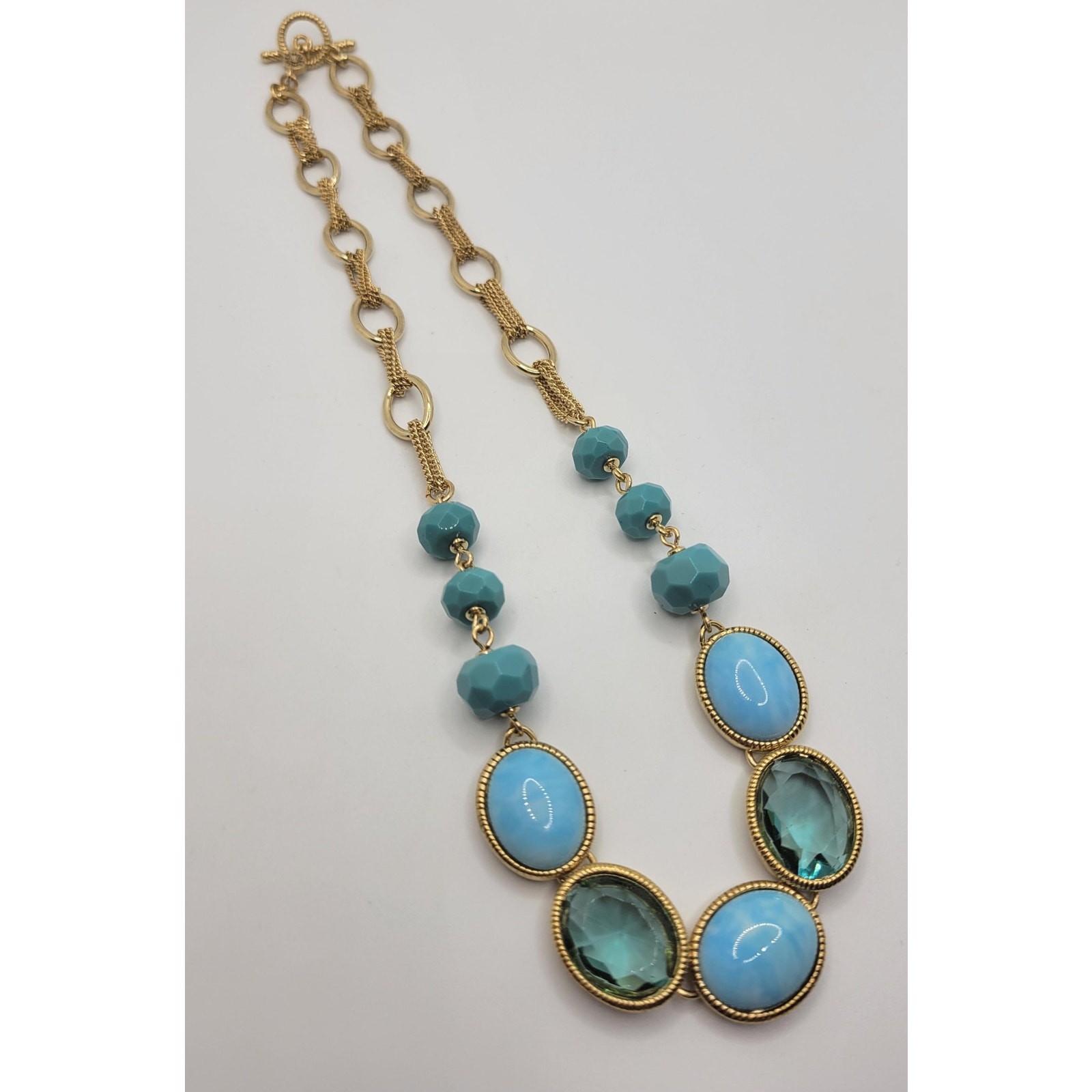 Vintage Signed Monet Faux Larimar Aqua Necklace Oval Crystal Cabochons 1990s