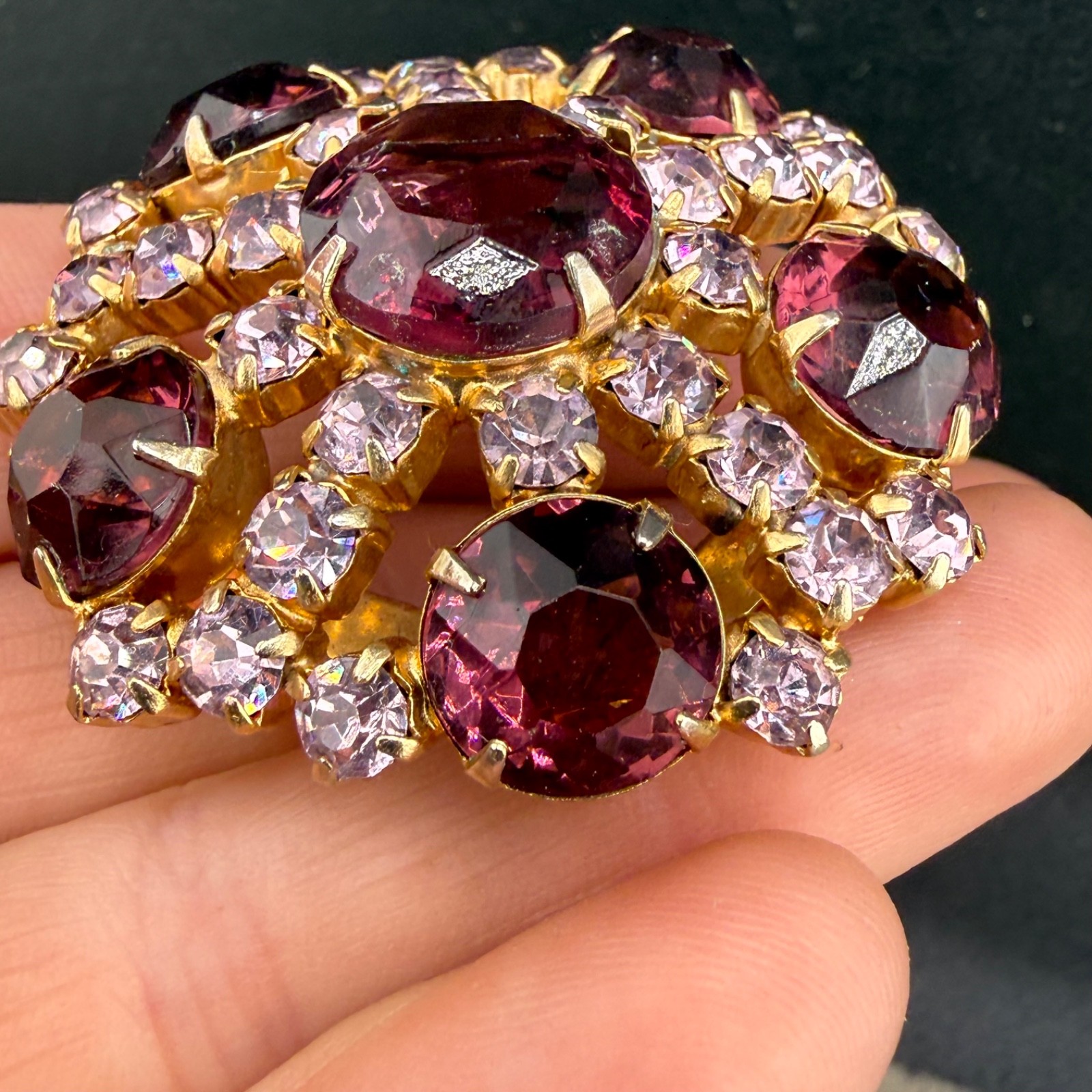 Vintage Purple Rhinestone Brooch Gold Tone Flawless Sparkle