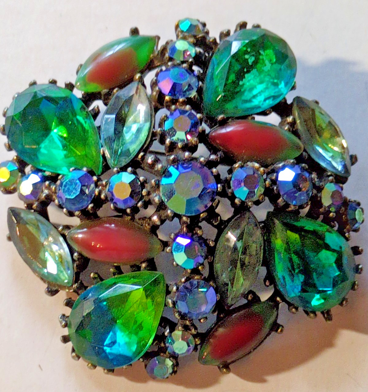 ART Arthur Pepper Watermelon Bicolor AB Glass Rhinestone Brooch Blues Greens Red