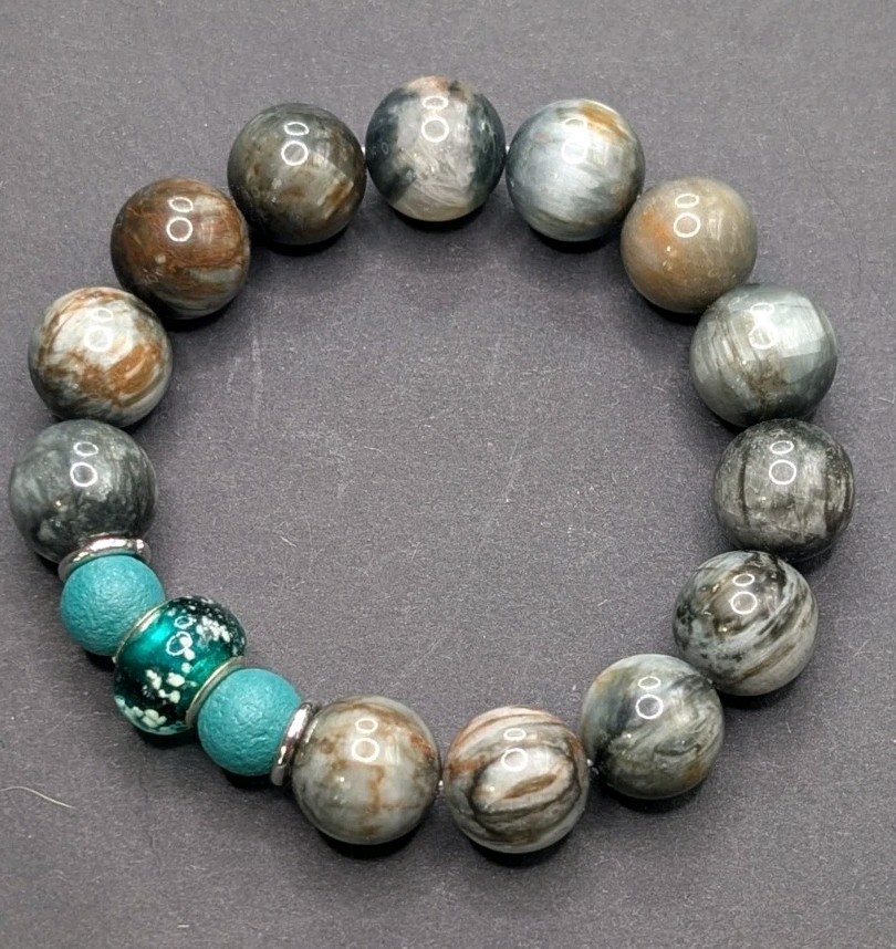 Women’s Stylish Grey Gemstone Mix Green Bead Stretch Bracelet (16cm) S 6″ Wrist