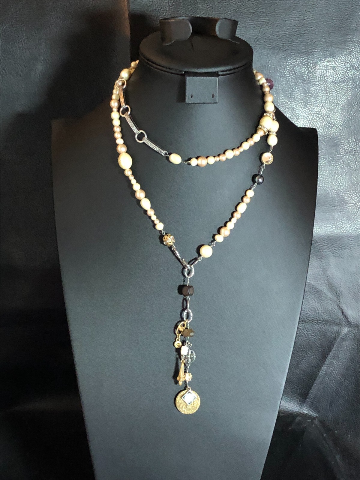 CABI Faux Pearl Natural Gemstone Lariat Y Drop Necklace +Tassel Earrings 8455