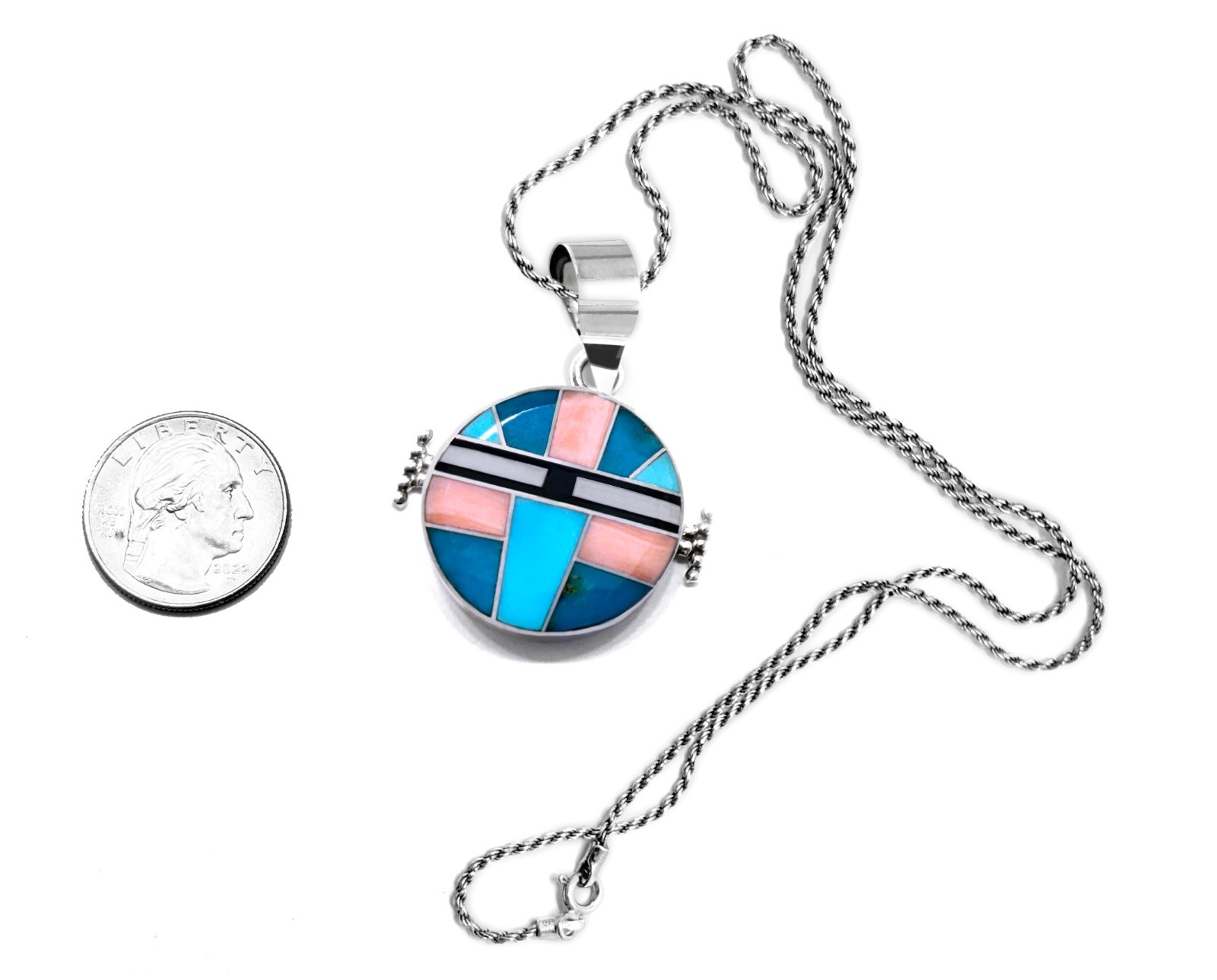 Navajo Yei Pendant Annabelle Peterson / Micro Inlay .925 Turquoise Coral Kachina