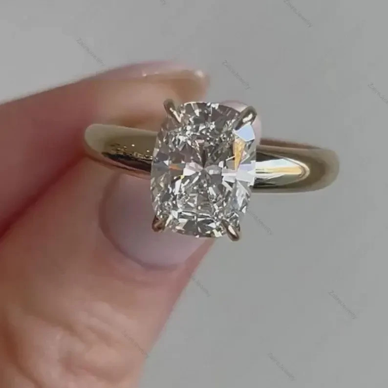 IGI 3 Ct Cushion F-VS1 Lab Grown Diamond Women Engagement Ring 14K Yellow Gold