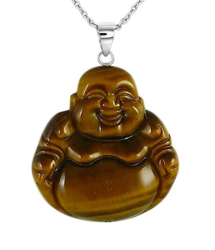 925 Sterling Silver Tiger Eye Buddha Pendant w/ Chain 1 1/4″ Drop Length Unisex