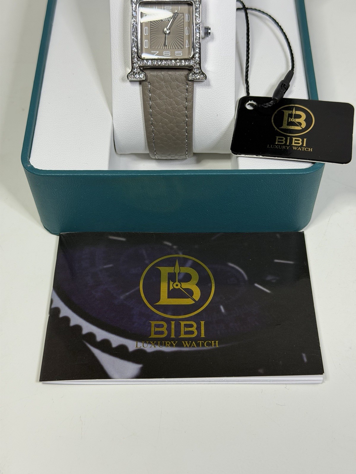 Bibi Luxury Watch Women’s Silver H Inspired Crystal Set Bezel Grey Leather NEW