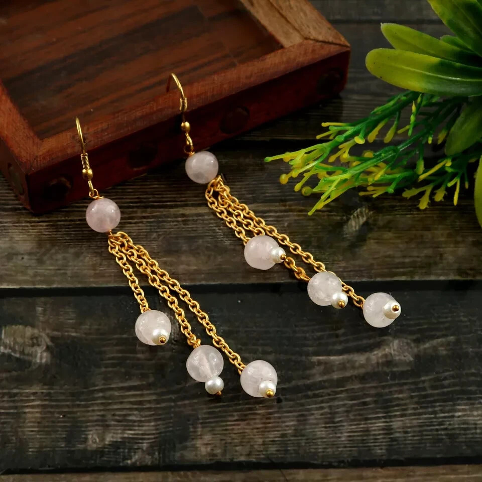 Sterling Silver gold Plated Natural Rose Quartz & Pearl Dangle Earring Jewelry