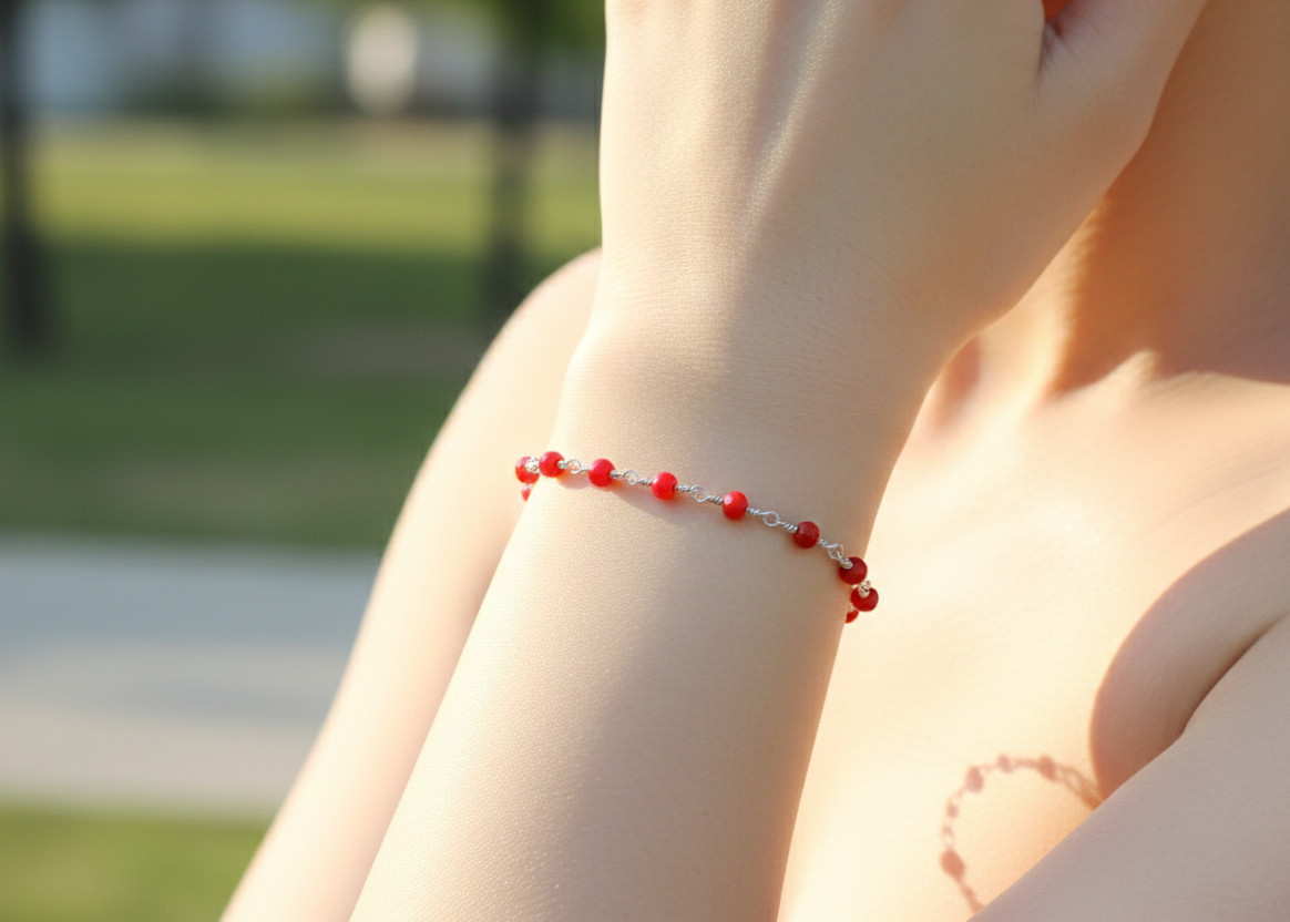 Handmade Silver Tone Minimalist Beaded Bracelet | Ruby Red Stone Brass Chain