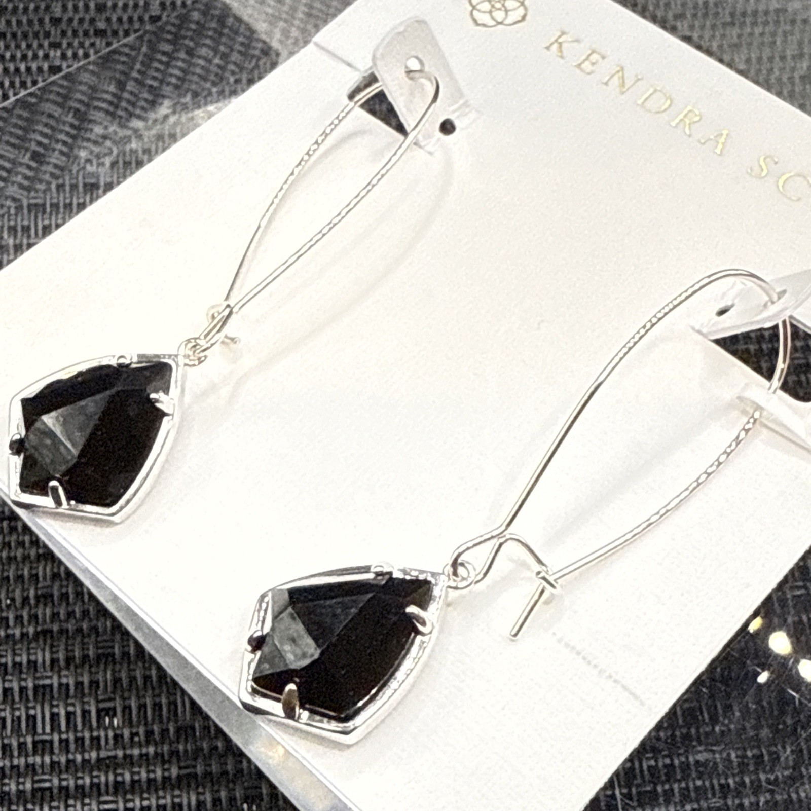 Kendra Scott Carinne Black Glass Rhodium Plated Dangle Drop Earrings Silver Tone