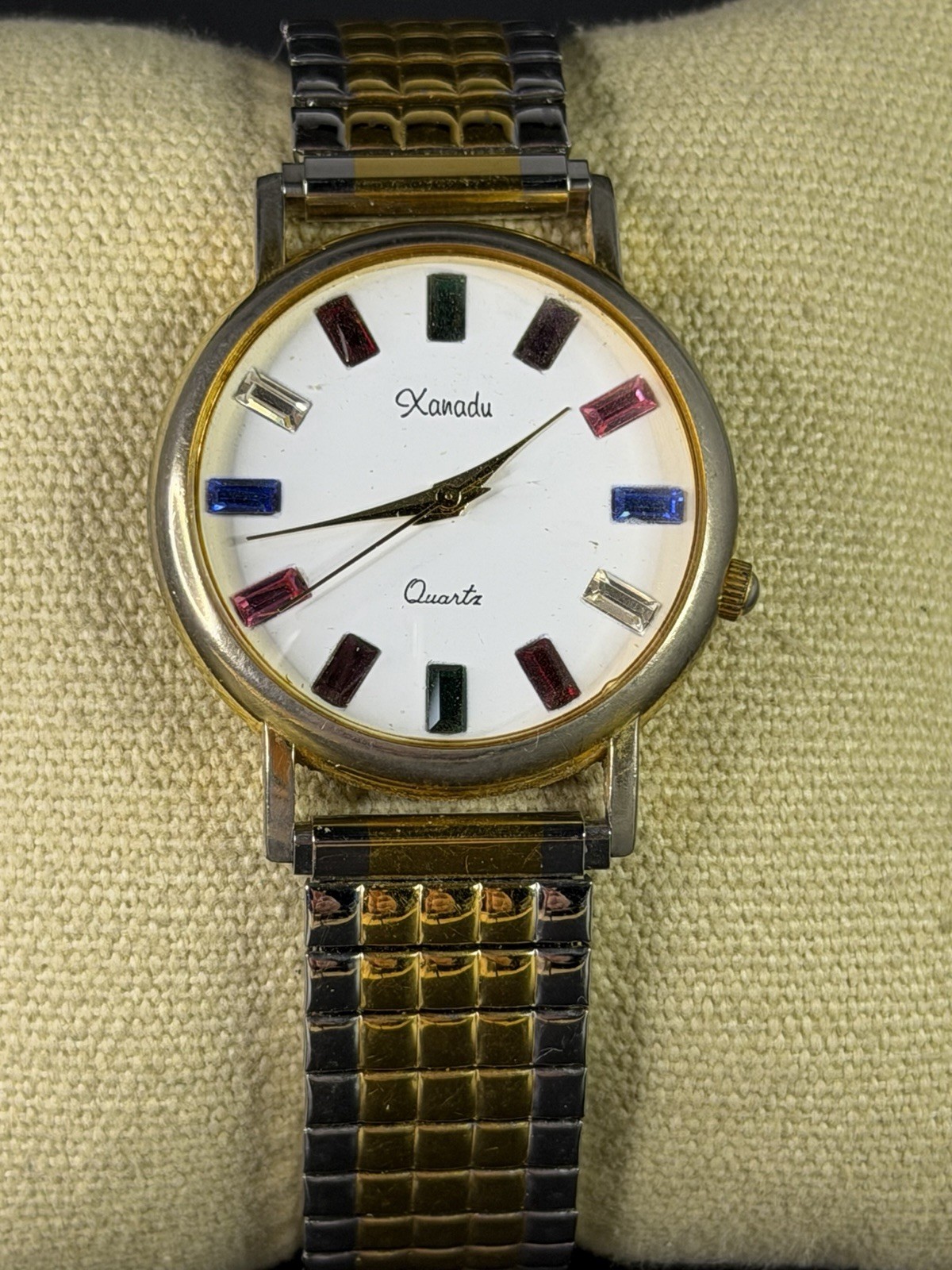 Xanadu Womens 34mm Gold Case NEW BATTERY White Rainbow Indices Expansion 753