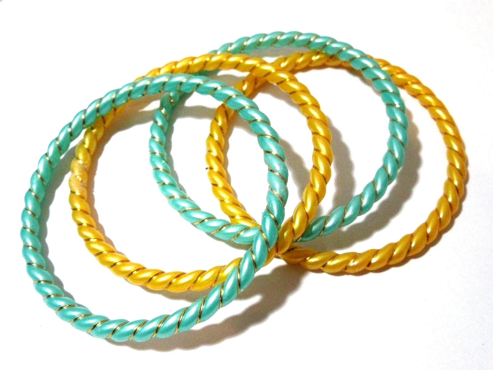 Blue an Yellow Set of Four Vintage Bangle Bracelets Thin Gold Tone Foil Wrap