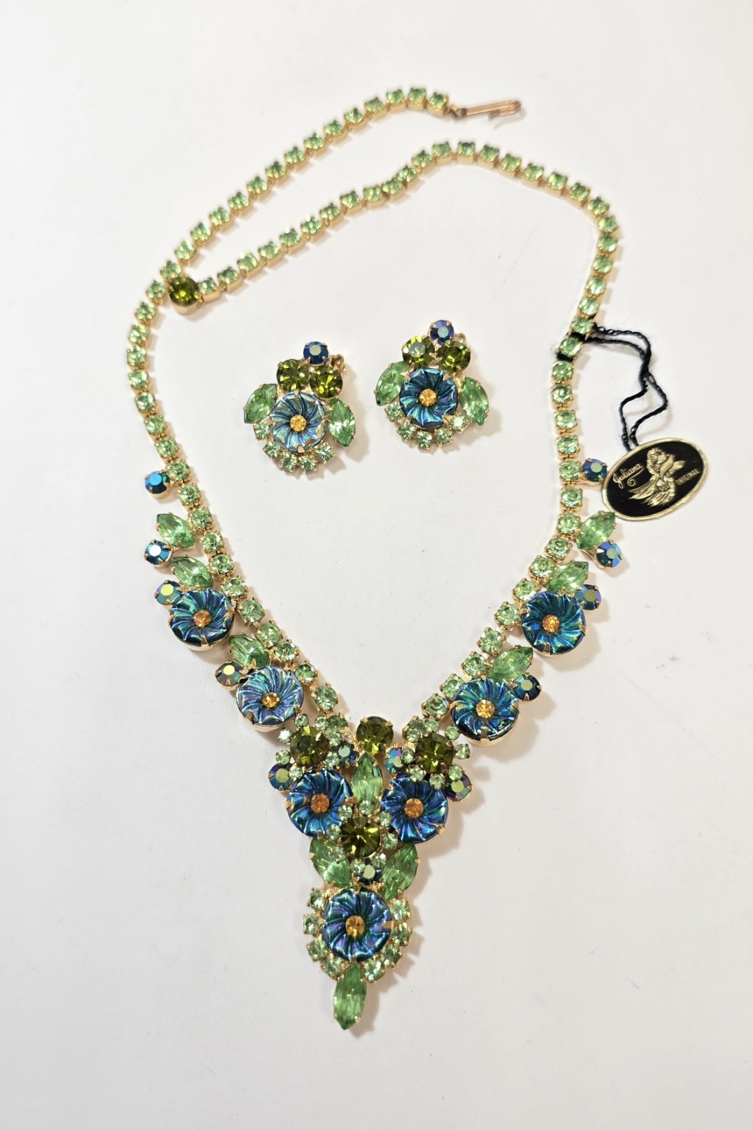 Vtg Juliana Necklace Earrings Green Blue Carnival Glass Flowers Original Tag
