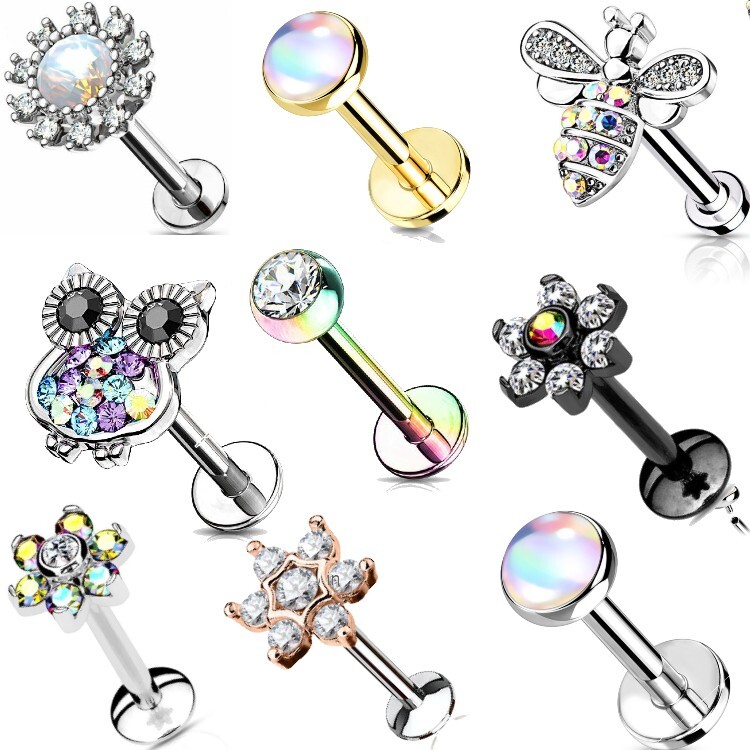 16g Gem Stainless Steel Labret Lip Monroe Tragus Ring Stud Medusa Piercing