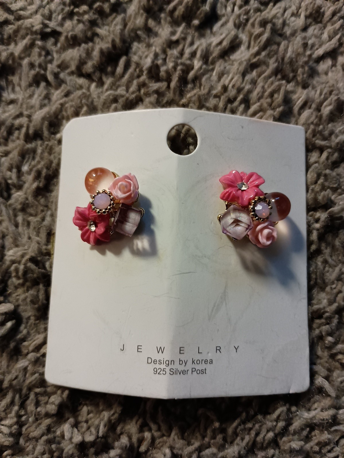 Design by Korea 925 Silver Post Earrings with Pink Flowers and Pearls