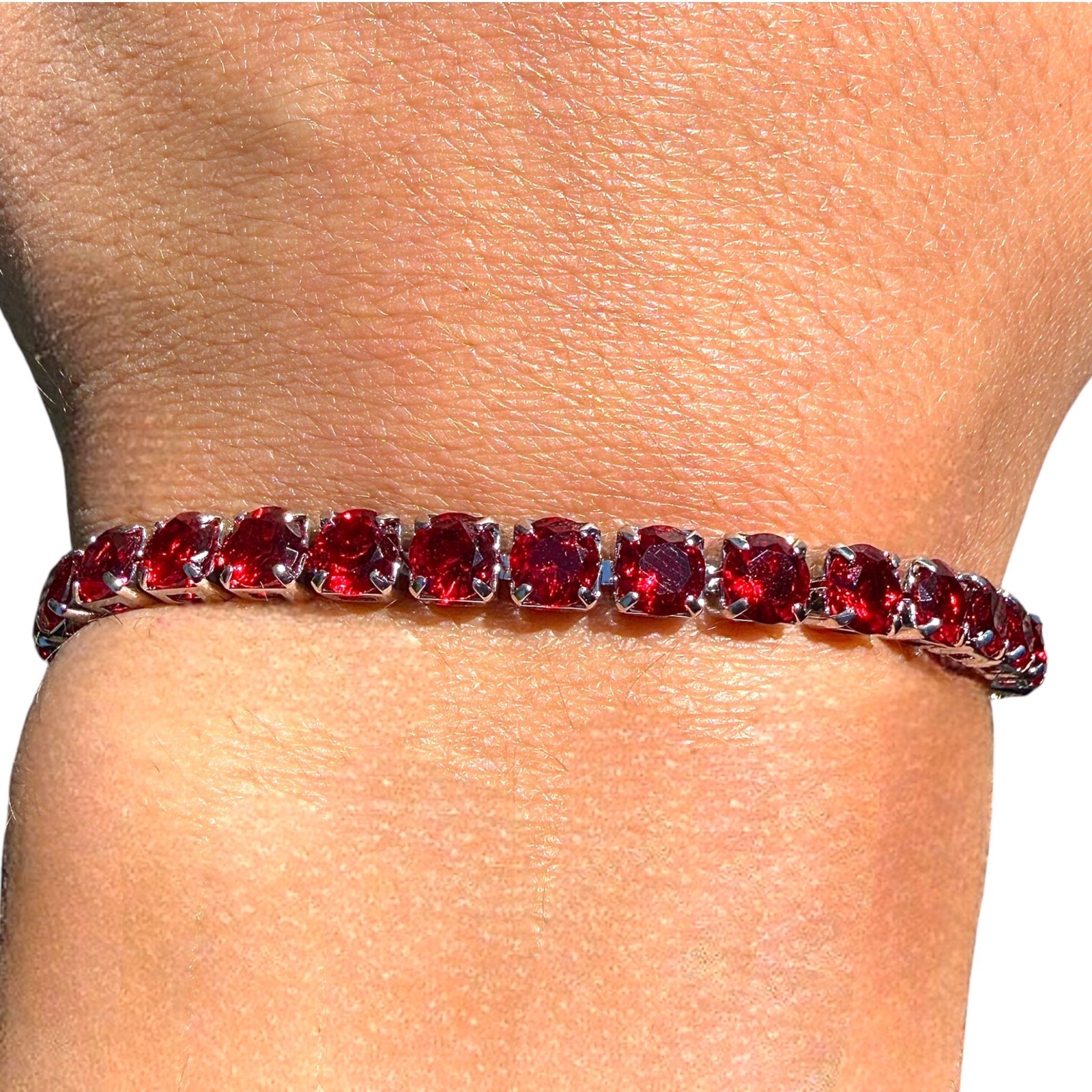 Tennis Bracelet Red Stones Silver Plated 6.7in 7.5in Dainty
