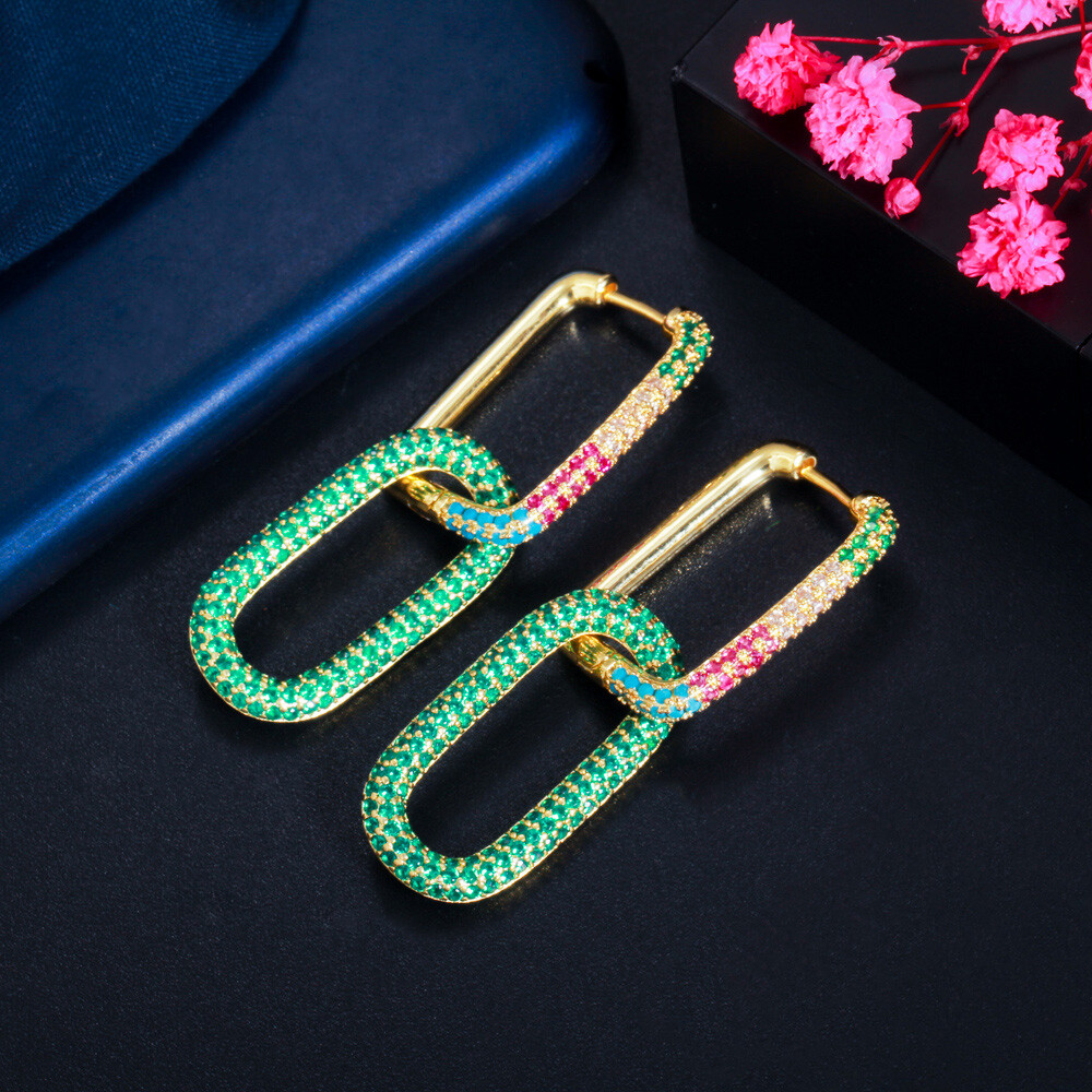 Gold Plated Mix Multicolor CZ Bridal Dangle Drop Rectangle Charm Hoop Earrings