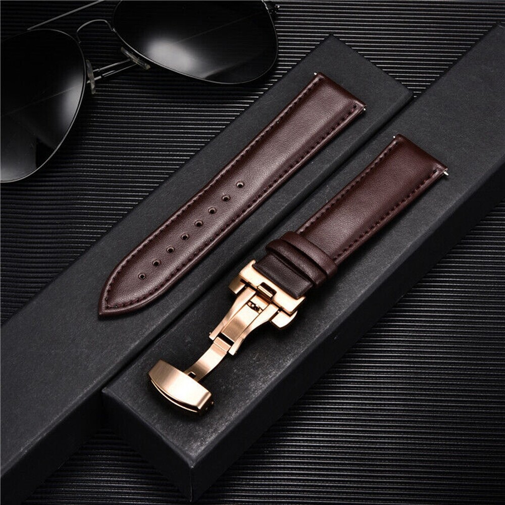 Genuine Leather Watch Band Strap Butterfly Buckle Bracelet 14/16/18/20/22/24mm