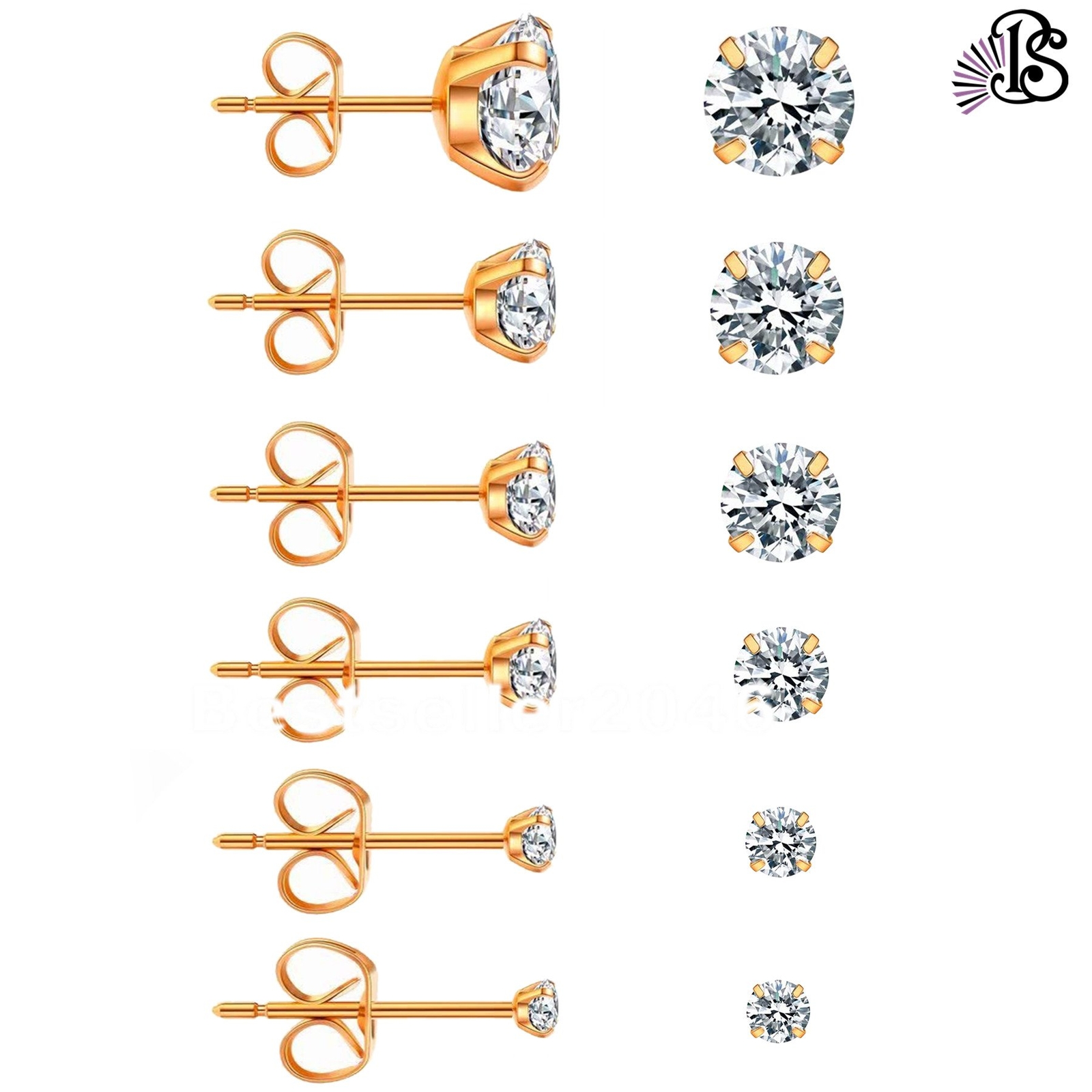 6 Pairs Stainless Steel Round Cubic Zirconia Stud Earrings Set for Men Women