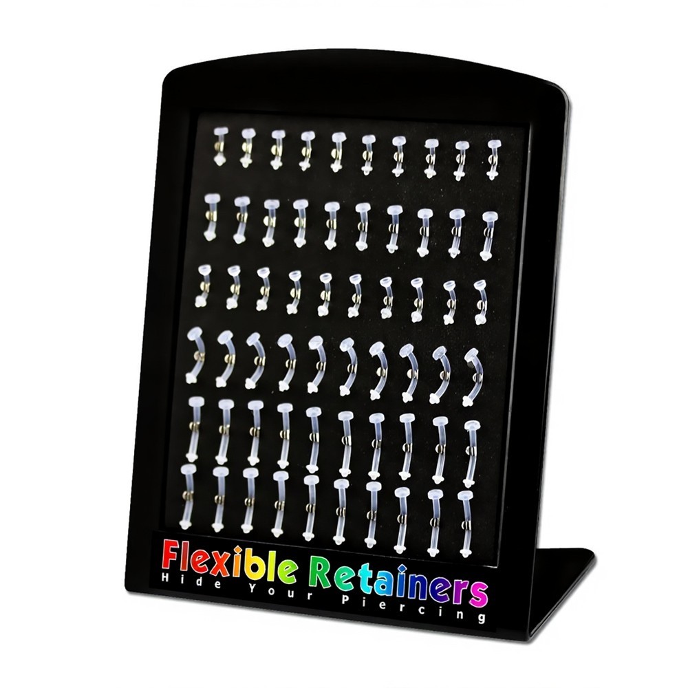 60pcs L-Stand Acrylic Display with Clear PTFE Flexible Retainer Rings 14G & 16G