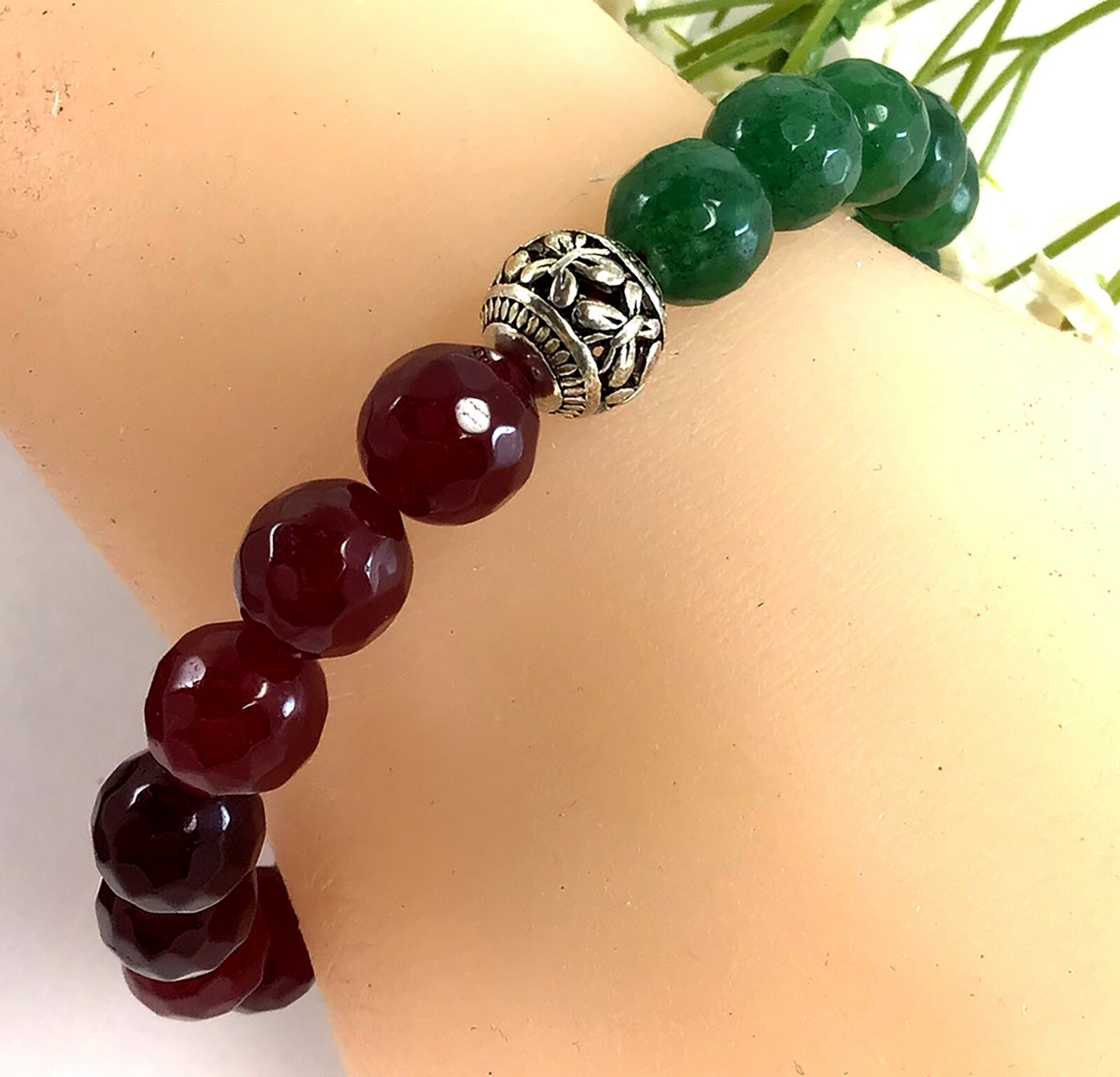 Jade Bracelet, Green and Red Jade Bracelet, healing gemstone stretchy for women