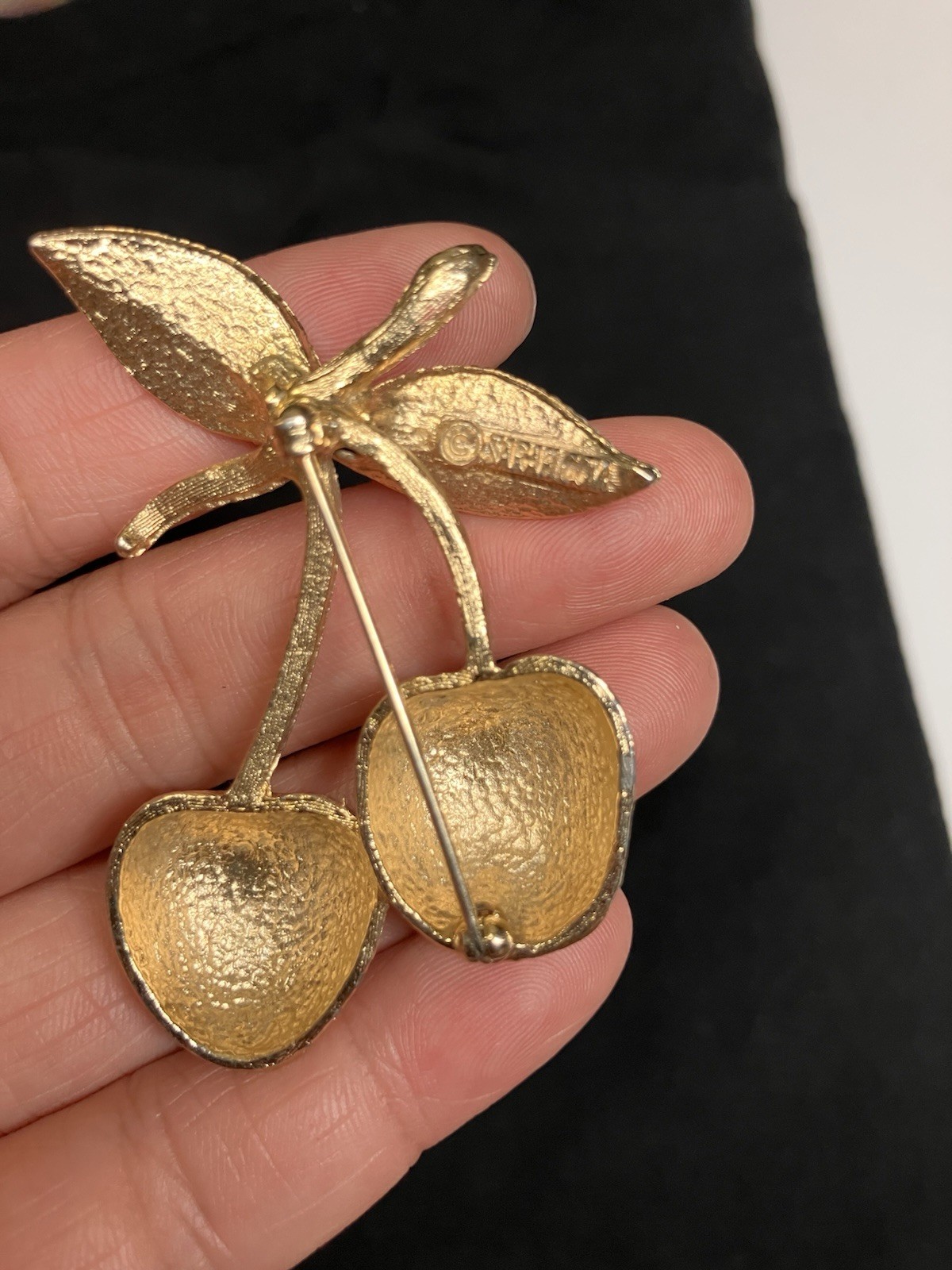 Coro Signed Gold Tone Cherry Fruit Brooch Pin Metal No Stone