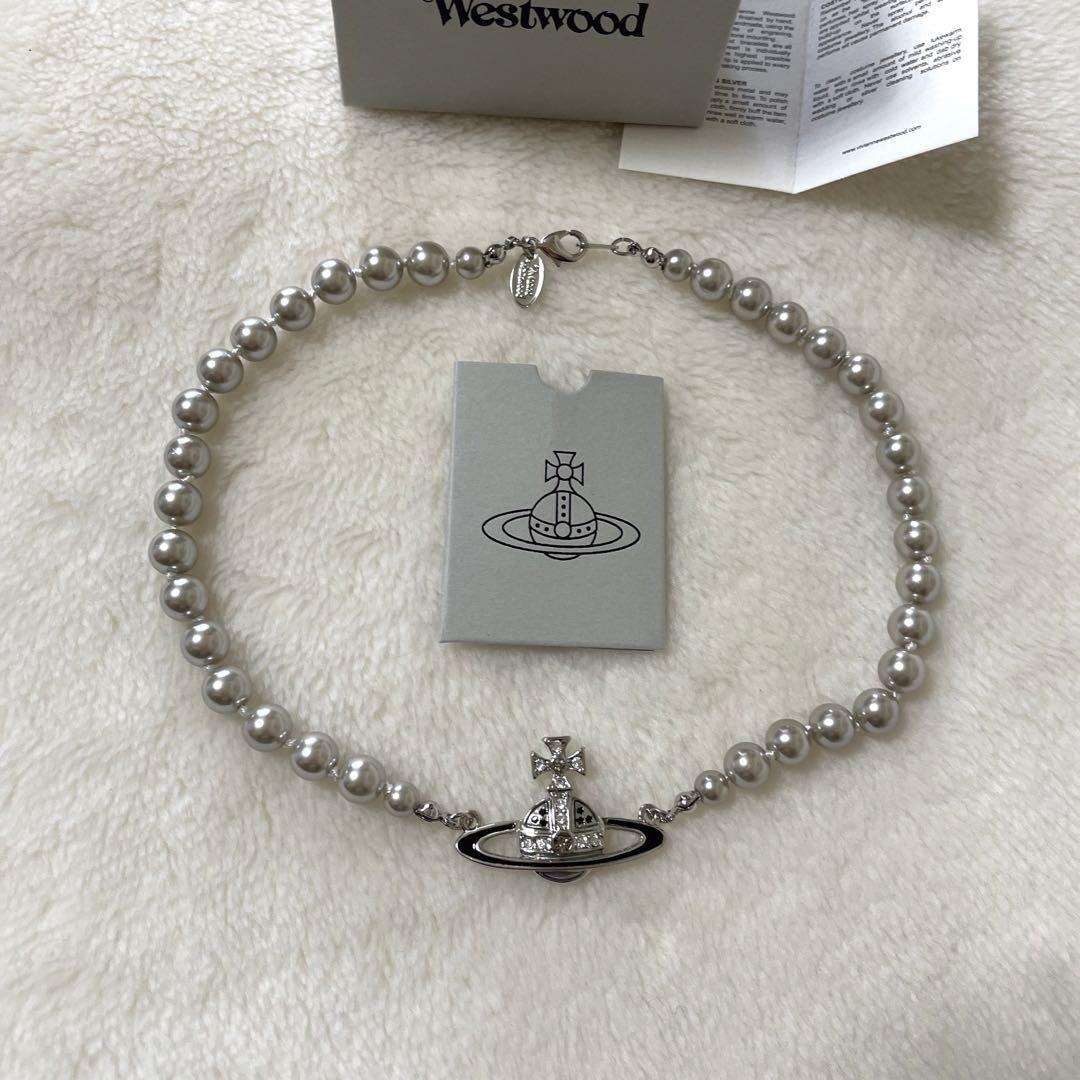 Vivienne Westwood Necklace Pearl Orb Choker Silver Black (Gray) w/Pouch NO BOX