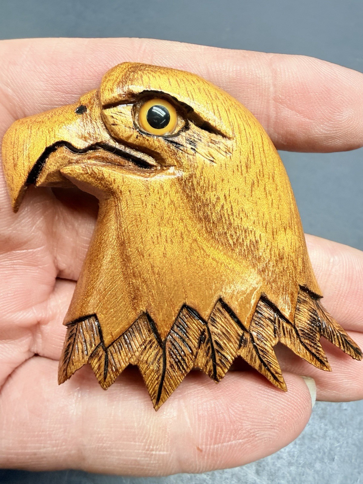 Carved Eagle Head Brooch Pin Signed Very Neat Looking