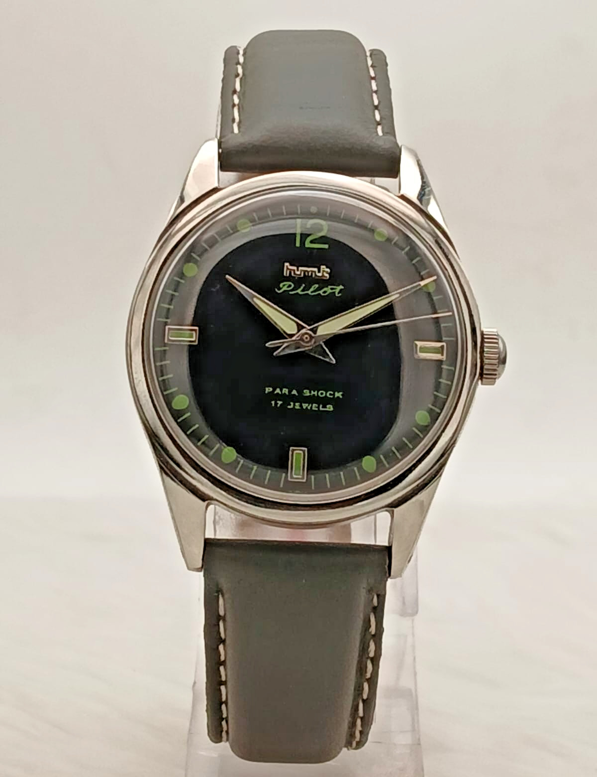 HMT Pilot Vintage Mechanical Watch Black Dial Green Lume 17 Jewels India