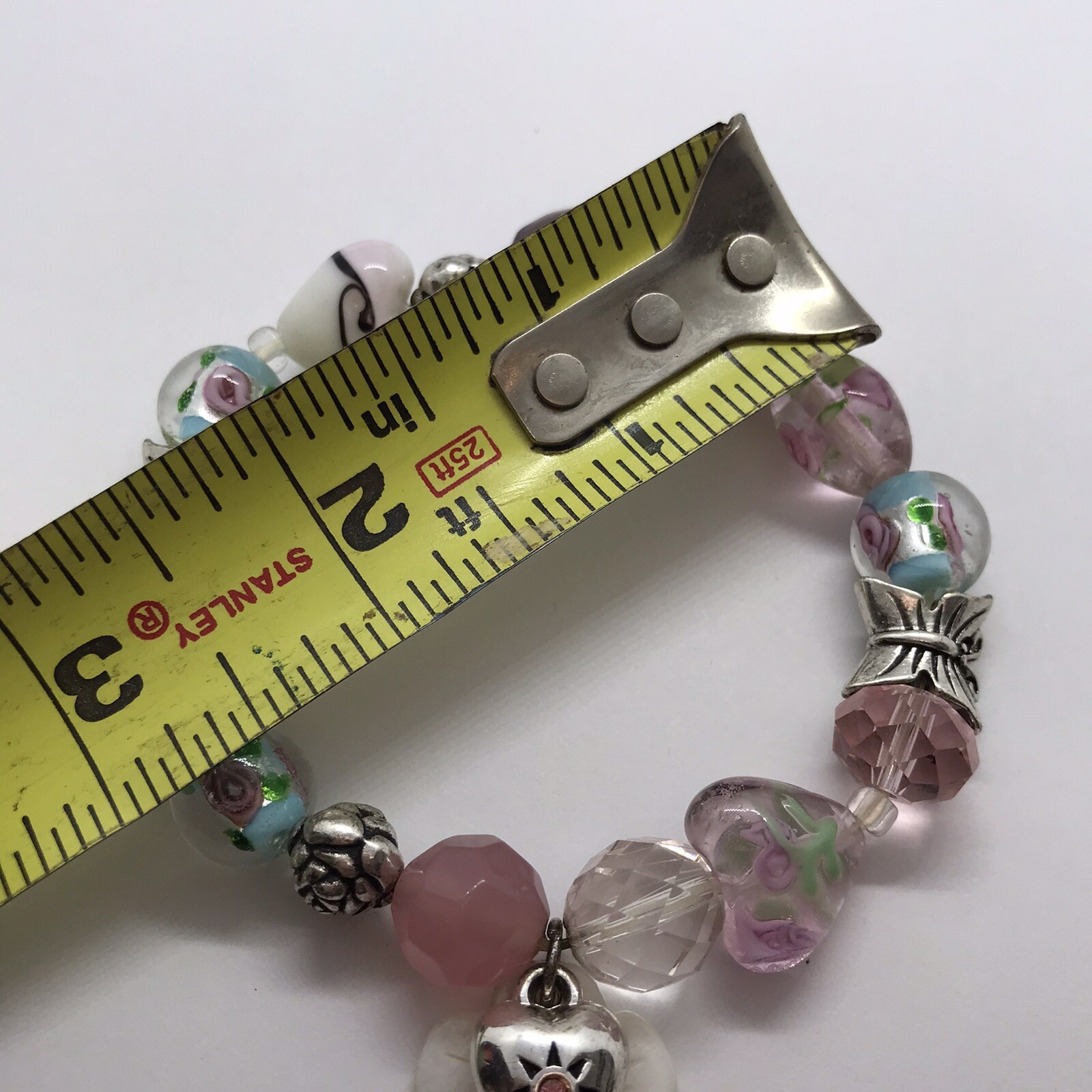 Vintage Art Glass Beaded Stretch Bracelet Lampwork Floral Heart Pink Barbiecore