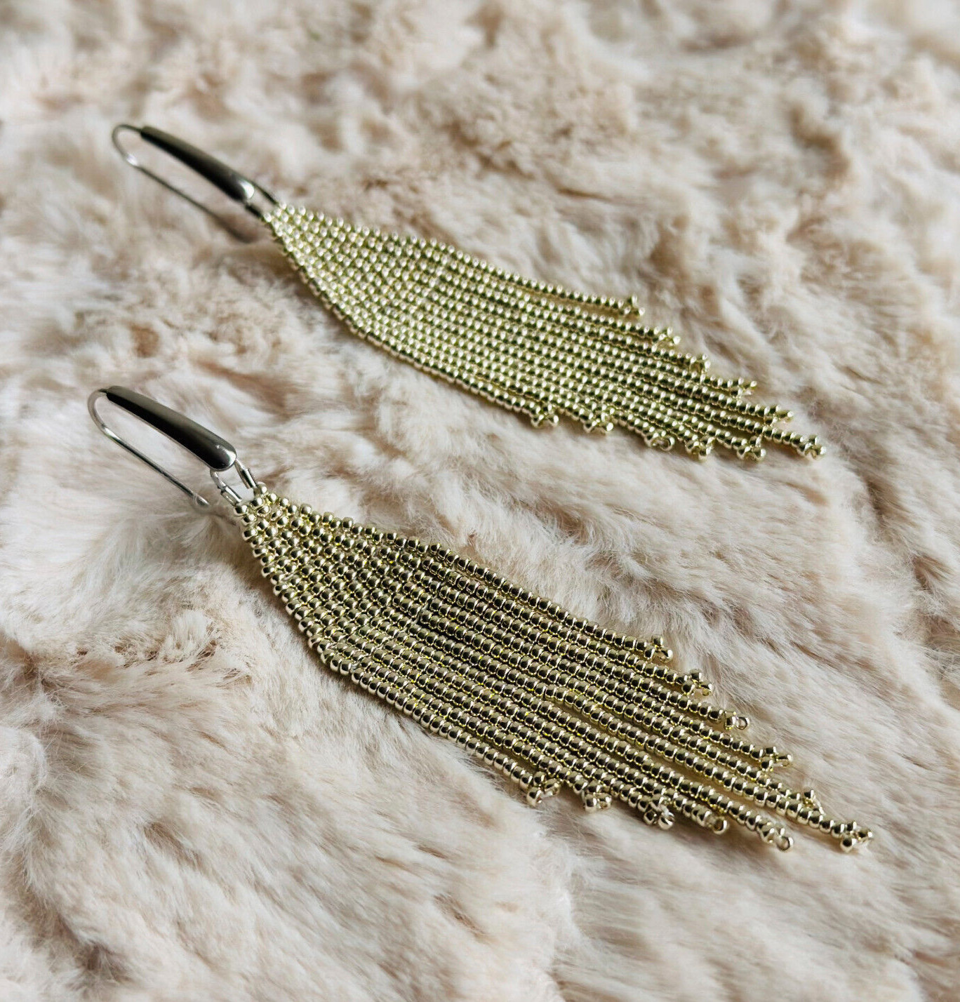 Silver beaded earrings with fringe, Shining long Miyuki seed bead earrings