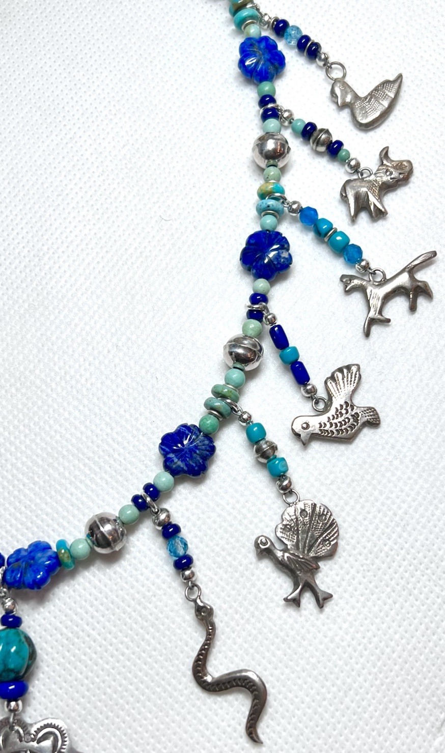LOVELY Southwest Artisan Sterling Silver Turquoise, Lapis Milagro Charm Necklace